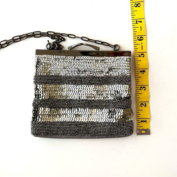 Gold Sequin Evening Bag, Beaded Clutch, Taupe Fabric, Chain Strap, 5 x 6 - Picture 9 of 9
